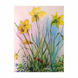 Narzissen Original Bild Aquarell , Fruhling Blumen Wandbild 50x30cm by Zoepictures