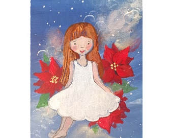 May include: A whimsical painting of a girl with red hair wearing a white dress, surrounded by red poinsettias. The background is a blue sky with white clouds and small white dots. The artist's signature is in the bottom right corner.
