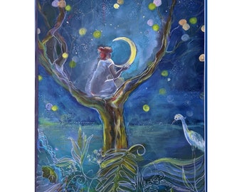 Magische nachtschilderij, originele kunst van heksenbomen, sprookjesachtige wandkunst 31 bij 24 inch door Zoepictures