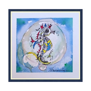 Seahorse  Original Painting , Animals Watercolor Miniature  Original Art , Bubbles Small Artwork 15x15cm by Zoepictures