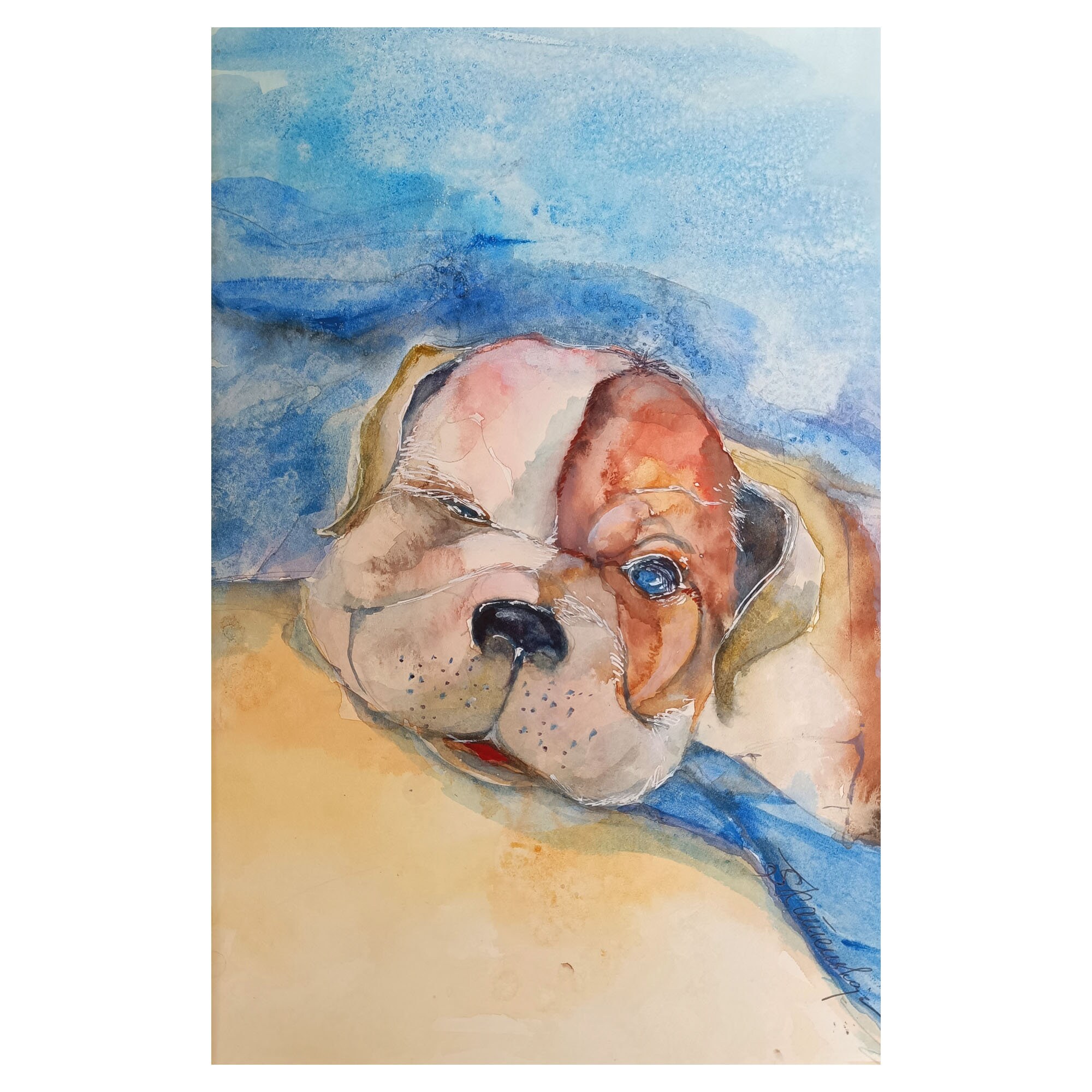 子犬のオリジナル水彩画、犬のオリジナルアート、子供向け動物画 9 x