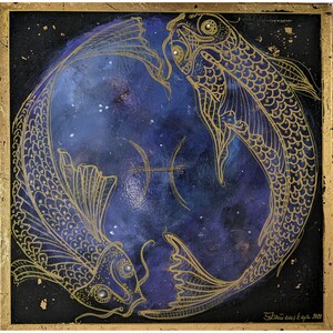 Pisces Zodiac Sign Painting Astrology Vintage Original Canvas Art 16  by 16 Inch by Zoepictures