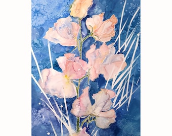May include: Watercolor painting of a bouquet of pink sweet peas on a blue background with white brushstrokes.