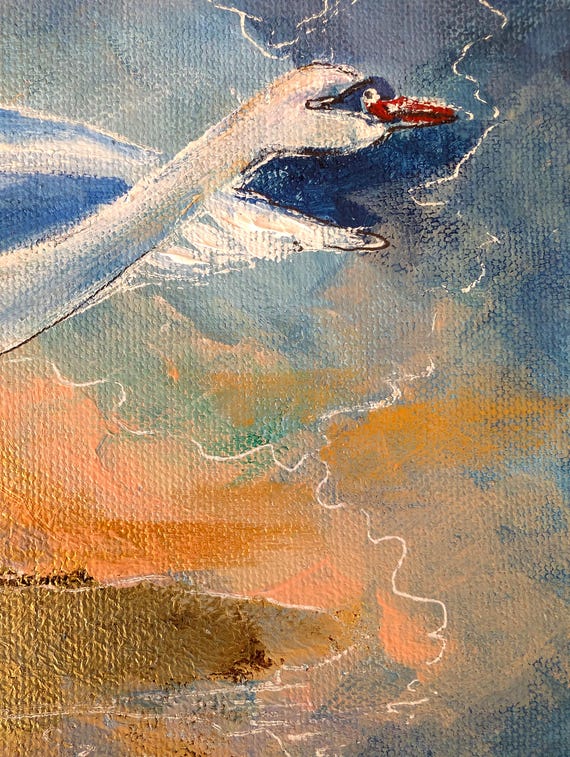 白鳥の絵画 – キャンバスに手描きされたオリジナルのアクリル画、金と