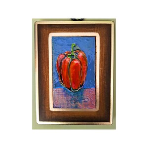Poivron rouge tableau original acrylique, nature morte murale 20 x 16 cm, cuisine de peinture de style campagnard par Zoepictures