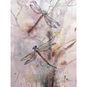 Graceful Summer Light Watercolor Painting - Two Elegant Dragonflies in Flight - 9x12 inch