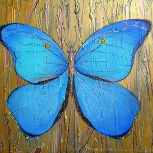 Farfalla blu quadro originale acrilico foglia d&#39;oro natura murale 40 x 40 cm di Zoepictures