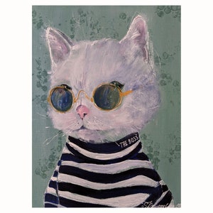 White Cat Acrylic Painting , Cat Portrait Original Art , Pets Original Artwork 10 x 8 inch   by Zoepictures