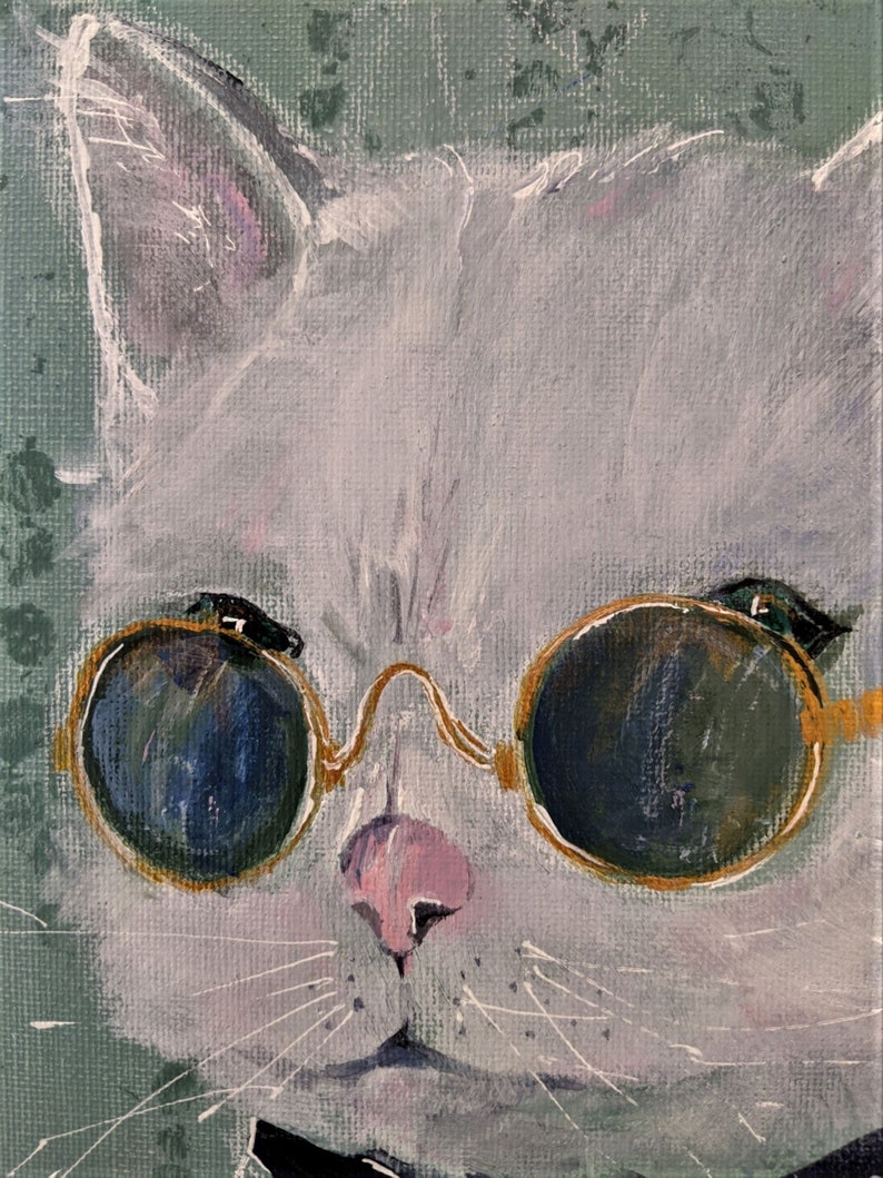 May include: A white cat wearing round, gold-rimmed sunglasses. The cat's fur is painted in a soft, textured style, and the sunglasses have dark lenses. The cat's eyes are visible through the lenses.