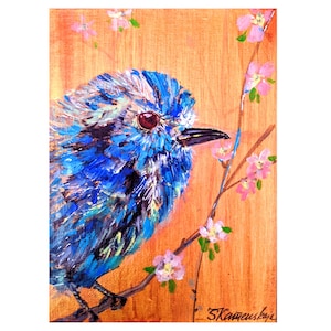 Blue Bird Original Art , Baby Bird Painting 5x7 inch  by Zoepictures
