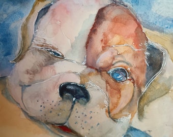 子犬のオリジナル水彩画、犬のオリジナルアート、子供向け動物画 9 x