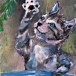 Gray Cat Original Art Acrylic  Canvas - Pets Little Art  5x7 Inch- Animals Art Kid- Sweet Kitten