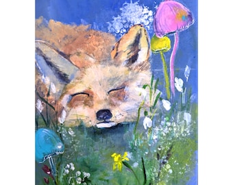 Red Fox Painting Animals Original Art Acrylic on Canvas 12 by 9 for Kids by Zoepictures