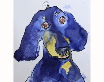 Dachshund Original One Line Art Painting Dog Watercolor Art 18 by 12 Animals Wall Art  by Zoepictures