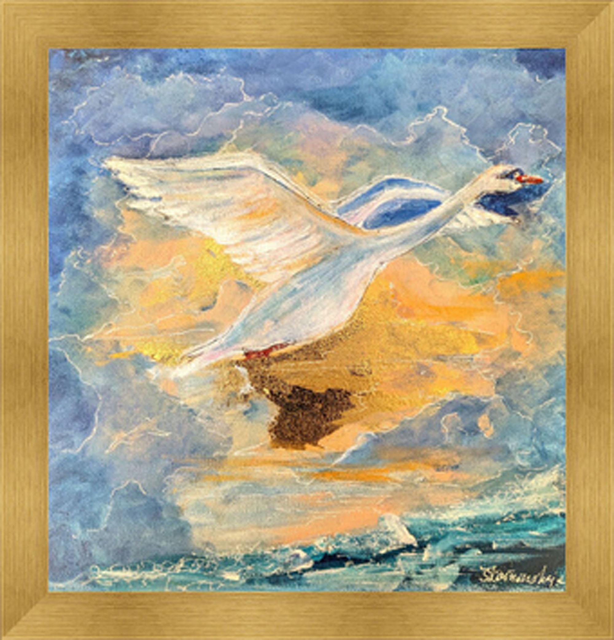 白鳥の絵画 – キャンバスに手描きされたオリジナルのアクリル画、金と
