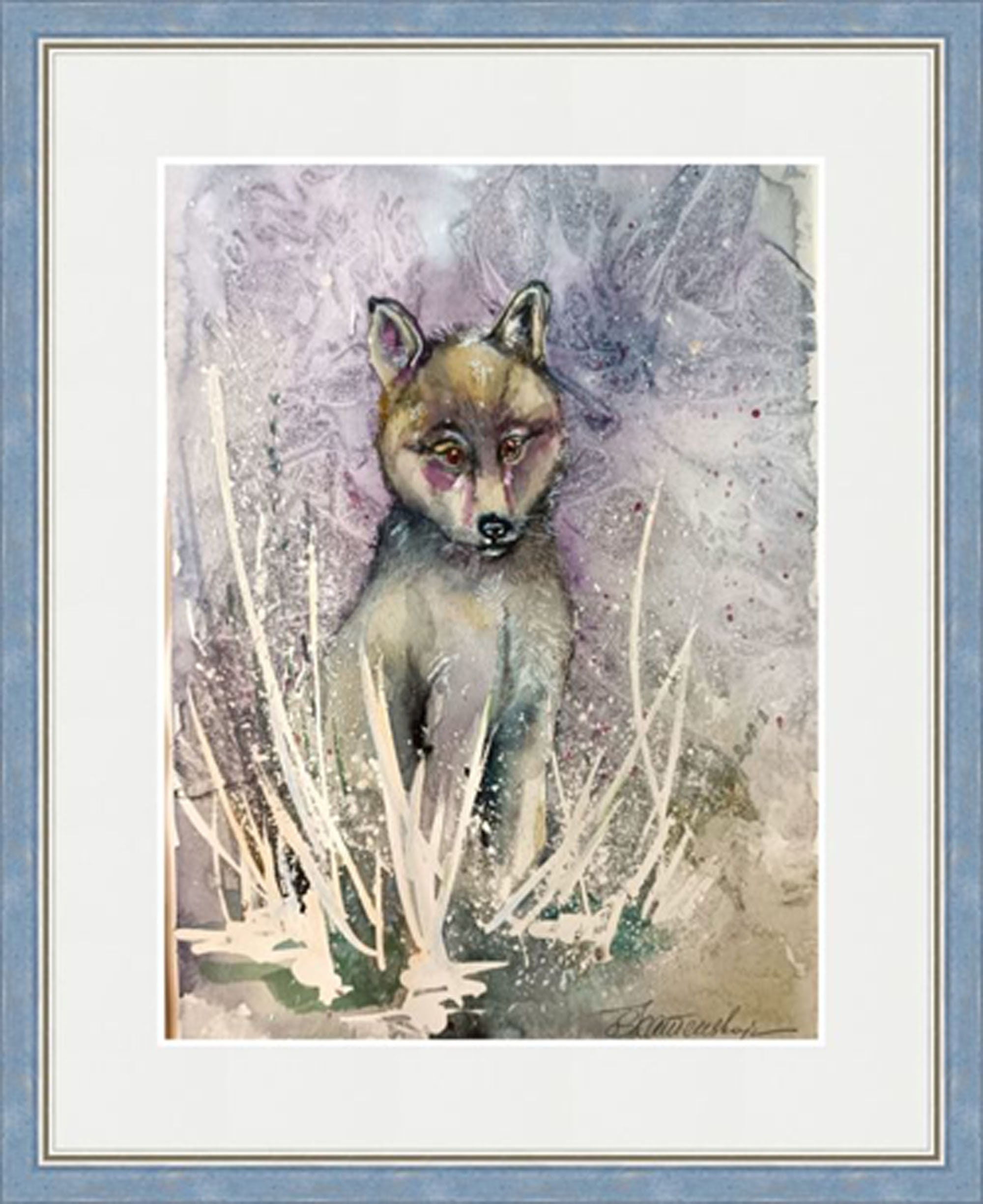 オオカミの子の水彩画、動物のオリジナルアート、野生動物12 x 9