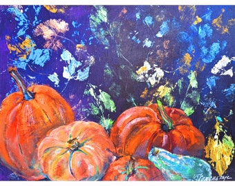 Pumpkins Art, Harvest  Original Art  ,Kitchen Vegetables Wall Decor12x 9 inch by Zoepictures
