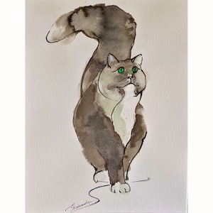 Fluffy Cat Painting Pets Original Watercolor Art Minimalistic Wall Art 18 x12 Inch by Zoepictures