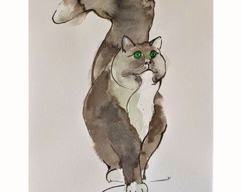 Pluizige kat origineel schilderij huisdieren aquarel schilderij 45 x 30 cm dieren minimalistisch schilderij door Zoepictures