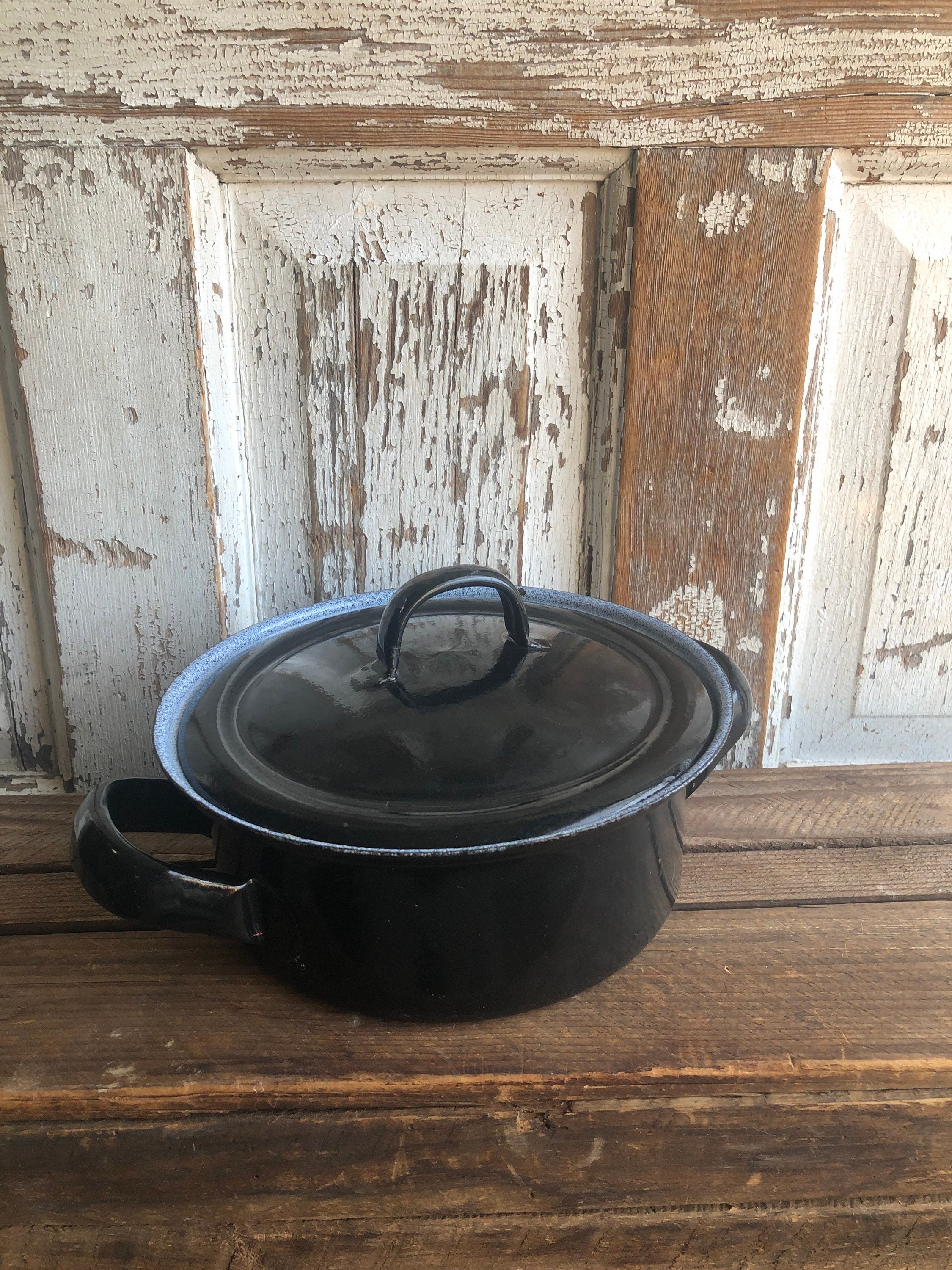 Small Vintage Black enamel pot with Lid speckle gray inside Etsy