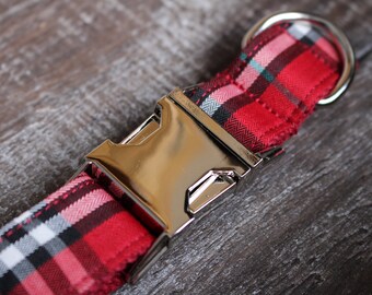 Red Plaid Dog Collar - Metal Buckle