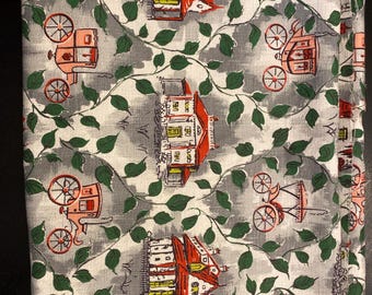 Vintage Mid-Century Borkentuch Stoff Cottage Häuser & Wagen Druck 50er Jahre Atomic Era Textil Retro Polsterung Nähmaterial
