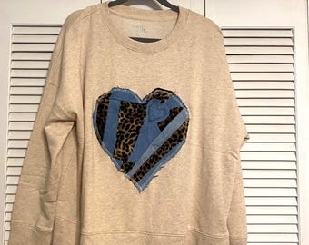 Handmade Upcycled Heart Patchwork Sweatshirt | Raw Edge Appliqué with Reclaimed Denim Leopard Velvet Fabric One of a Kind Boho Valentine Top
