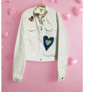 Upcycled Valentine Denim Jacket for Her Patchwork White Jean Jacket Handmade Heart Patch Upcycled Boho Jacket One of a Kind Slow Fashion