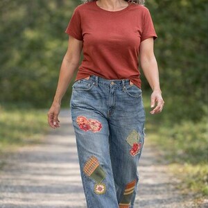 Handmade Gypsy Art Appliqué Festival Jeans Upcycled Patchwork Denim Raw Hem Visible Mending Boho Folk Art One-of-a-Kind Floral Heart Jeans