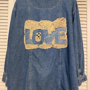 Upcycled Denim Shirt Women Size 18/20 | Carolina Blue Lace Patchwork “LOVE” Back | Boho Cottagecore Button Down | Sustainable Plus Size Deni