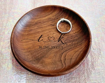 Wooden Engraved Ring Dish, Personalized Initial Jewelry Holder With Heart, Anniversary Trinket Dish, Custom Jewelry Tray