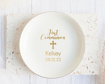 First Holy Communion RING DISH, Christening Jewelry Dish, Baptism Gift Girl, Personalized White Ceramic God Bless Name Ring Tray_MSP