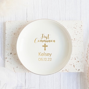 First Holy Communion RING DISH, Christening Jewelry Dish, Baptism Gift Girl, Personalized White Ceramic God Bless Name Ring Tray_MSP