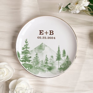 Personalized Mountain Jewelry Dish, Green Forest Ring Dish For Engaged Couple, Rustic Initial Ring Holder With Date, Unique Bride To Be Gift