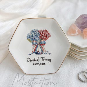 Flower Bouquet Wedding Ring Dish, Red White Blue Trinket Dish, 4th of July Wedding Keepsake, Custom Name Jewelry Tray