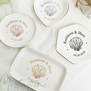Seashell Ring Dish, Minimalist Wedding Jewelry Tray, Custom Couple’s Names Trinket Dish, Coastal Beach Wedding Gift, Catchall Tray