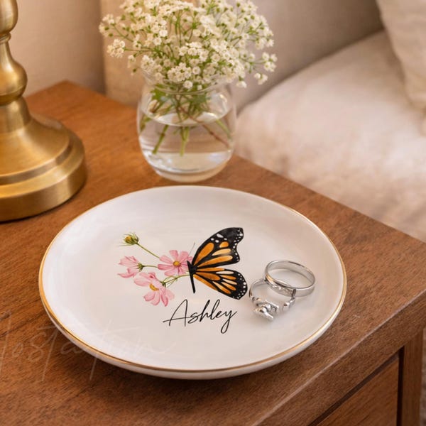 Personalized Birth Month Flower Jewelry Dish, Butterfly Flower Dish, Birthday Gift for Her, Mom Gift, Grandma Gift, Retirement Gift