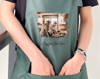 Gepersonaliseerde familiefoto chef-kok schort, cadeau stel portret schort, aangepaste tekst schort, kerstcadeau voor vrouwen