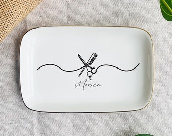 Personalized Barber Gift, Scissor and Comb Trinket Tray, Fashion Hair Stylist Name Ring Holder, Gift for Hairstylist, Hairdresser Plate
