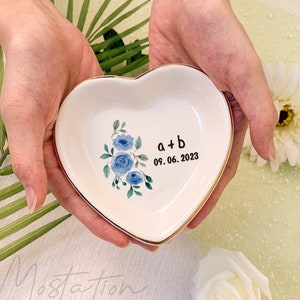 Blue Floral Jewelry Dish, Wedding Ring Dish, Initials Trinket Dish, Engagement Ring Holder Dish, Personalized Gift for Her