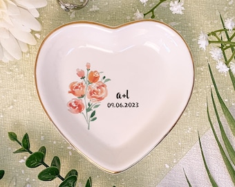 Themed Floral Ring Dish for Wedding, Initials Jewelry Dish With Rose, Pretty Jewelry Storage Tray,  Ceramic Trinket Dish, Botanic Gift