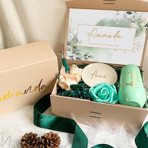 Mint Green Bridesmaid Gift Box, Dark Emerald Wedding Gift Set, Filled Proposal Box Set, Bridal Shower Favors _MSP2
