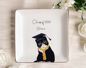 Educated Cat Ring Dish, Funny Cat Art Jewelry Dish, Ring Holder For Cat Mom, Class Of 2024 Celebration Accessory