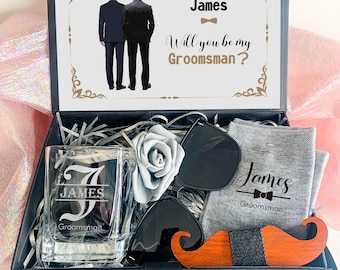 Groomsmen Proposal Gift Box With Rock Glass, Personalized Name Groomsmen Box, Will You Be My Groomsmen, Groomsmen Gift Set