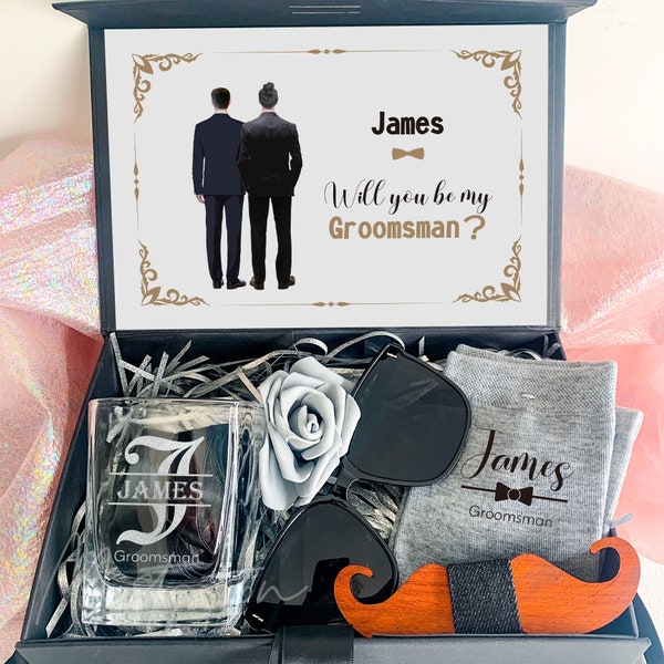 Groomsmen Proposal Gift Box With Rock Glass, Personalized Name Groomsmen Box, Will You Be My Groomsmen, Groomsmen Gift Set