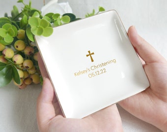 Christening Ring Dish, Baptism Jewelry Dish, Name Ring Tray, First Communion Gift, Personalized White Ceramic God Bless Ring Tray_MSP