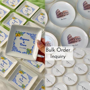 May include: Various white ceramic plates, some square and some round. The plates are decorated with a lemon design, Colosseum images, or initials. The text "Bulk Order Inquiry" is displayed on the image.