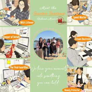 May include: A digital collage featuring multiple illustrations of people working in a studio, with text overlays including Meet the Creative Creatures Behind MoStation, Wish Listener, Speed Master, Keeper of Details, Dream Illustrator, The Final Guardian, and Beauty Protector.