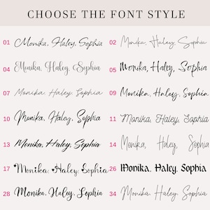 May include: A font style selection chart titled CHOOSE THE FONT STYLE, displaying 14 numbered options from 01 to 34. Each option features the names Monika, Haley, and Sophia written in a distinct black typeface against a light background.
