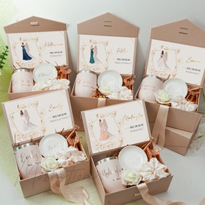 Caja de propuesta de dama de honor con tarjeta de invitación y vestidos de dama de honor desiguales, caja de regalo de boda personalizada, regalo de despedida de soltera